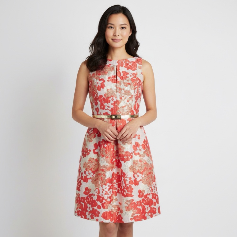 Tahari ASL Gold Metallic Jacquard Floral Dress